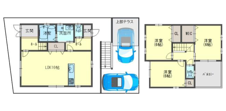 駐車場の上部にオープンデッキ付きです。